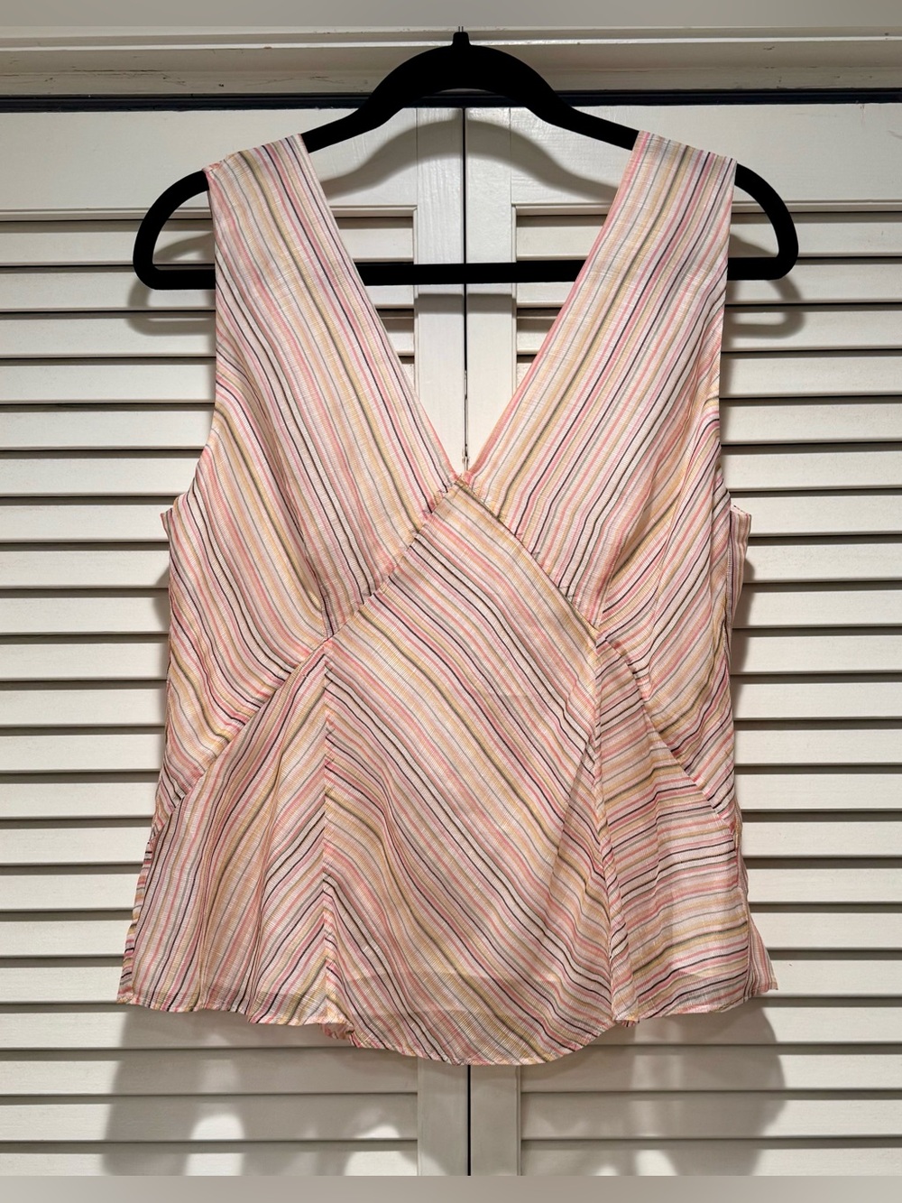 Derek Lam 10 Crosby—8, Alix Top, Silk & Linen Blend, Peach Striped, V-Neckline